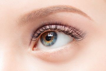Macro woman eye heterochromia with beautiful brown red shades smokey makeup fashion. Concept...