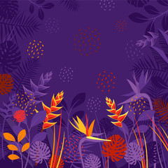 Vector сard, art with night jungle and tropical exotic plants and flowers monstera, Heliconia, palm leaves. Dark colors, purple, orange.