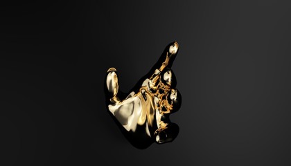 Golden hand reaches for something against a black background. The hand is turned palm to the camera, the background for the presentation of the product. 3D rendering.