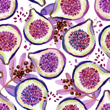 figs seamless pattern. Hand drawn fresh tropical plant waterecolor illustration. Colorful wallpaper. floral background.