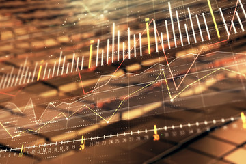 Financial chart hologram with abstract background. Double exposure. Concept of market analysis