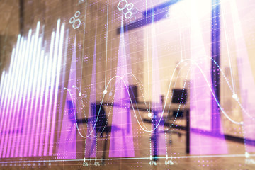 Business theme graph hologram with minimalistic cabinet interior background. Double exposure. Stock...