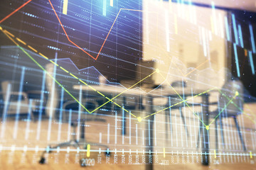 Fototapeta na wymiar Business theme graph hologram with minimalistic cabinet interior background. Double exposure. Stock market concept.