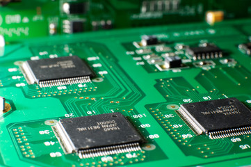 Close up green memory board with SMD chip