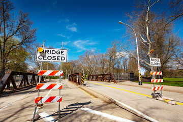 Bridge with closed road signs in USA Pittsburg