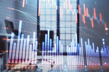 Forex chart hologram with minimalistic cabinet interior background. Double exposure. Stock market concept.