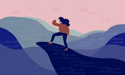 Woman traveler or explorer standing on top of a mountain or cliff and looking straight. Trendy flat illustration concept of discovery, exploration, hiking, adventure tourism, travel