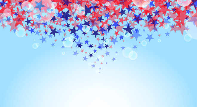 Red and blue stars with bokeh isolated on light blue background vector