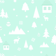 Seamless Christmas pattern in one blue color with deer, house,snowflakes, trees, mountains. Stylized Christmas gift boxes. Idea for fabric, tablecloth pattern, wrapping paper, gift paper.Scandinavian