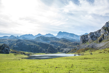 Panoramic view of the Covadonga lakes seen from a low plane, Asturias