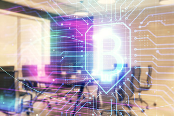 Blockchain theme hologram on conference room background. Double exposure. Concept of cryptocurrency