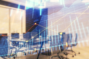 Double exposure of forex chart on conference room background. Concept of stock market analysis