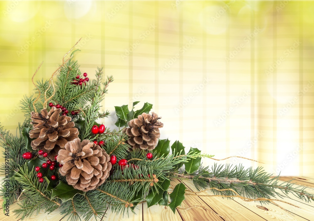 Canvas Prints Christmas composition with pine cones and  fir branches