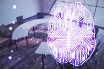 Obraz premium Double exposure of brain drawing hologram on conference room background. Concept of data analysis