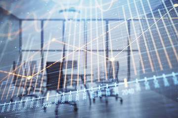 Multi exposure of stock market graph on conference room background. Concept of financial analysis