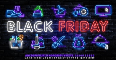 Black Friday neon label. Set of isolated neon sign for Black Friday. Neon logos on transparent background. Vector illustration