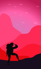 Black silhouette of a woman traveler or explorer standing on top of a mountain or cliff and looking straight. Trendy flat illustration concept of discovery, exploration, hiking, adventure tourism