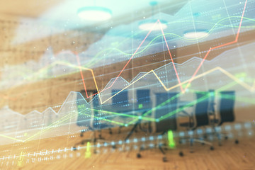 Multi exposure of stock market graph on conference room background. Concept of financial analysis