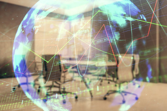 Double exposure of stock market graph with globe hologram on conference room background. Concept of international finance