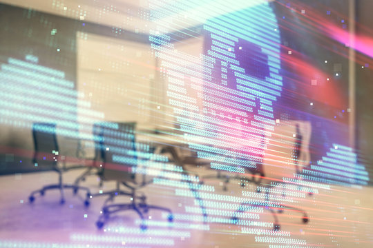 Double exposure of hacking theme hologram on conference room background. Concept of cyberpiracy