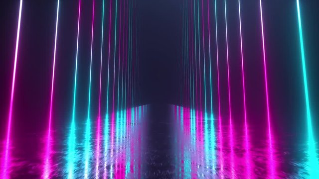 Endless corridor with neon lines tending up. Metal reflective scratched floor. Seamless loop 3d render. Modern colorful neon light spectrum