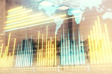 Double exposure of stock market graph with globe hologram on conference room background. Concept of international finance