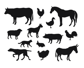 Vector set bundle of black domestic animals silhouette isolated on white background