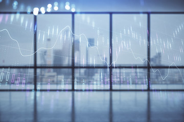 Double exposure of financial chart on empty room interior background. Forex market concept.