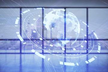 Double exposure of world map on empty room interior background. International network concept.