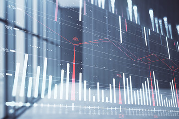 Double exposure of financial chart on empty room interior background. Forex market concept.