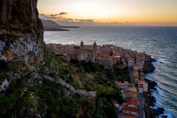 Aerial view evening cityscape of Cefalu town with Chiesa di Cefalu, Sicily, Italy