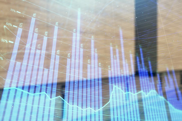 Double exposure of stock market graph on empty exterior background. Concept of analysis