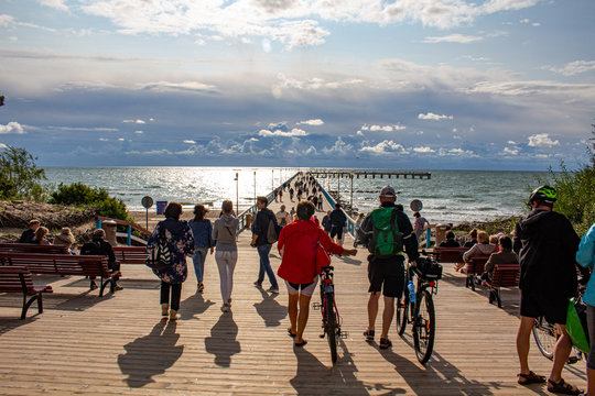 Sea Bridge in Palanga. Palanga Pier. Stormy Weather on the Beach. Green Waves. Stormy Sea. Dramatic Landscape With Stormy Sky And Waves. 