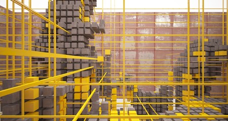 Abstract architectural concrete and rusted metal interior of cubes with white background . 3D illustration and rendering.