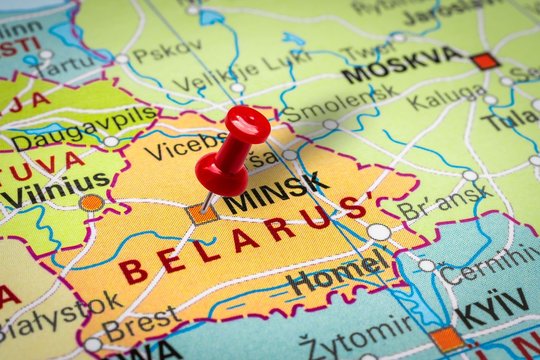 Pushpin pointing at Minsk city in Belarus