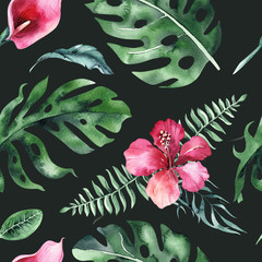 Plakaty  Zestaw jasnych akwarela tropikalnych liści monstera. bukiet zwrotnikowy liść palmowy wzór, kwiat i gałęzie z dżungli. Egzotyczne tło botaniczny projekt hawaje