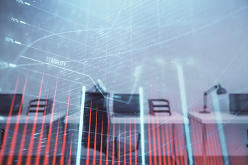 Stock and bond market graph with trading desk bank office interior on background. Multi exposure. Concept of financial analysis
