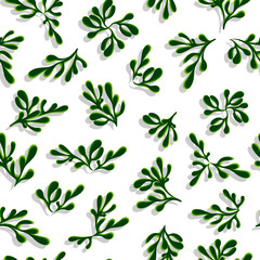 Seamless Christmas pattern with spruce branches, pine twigs, christmas tree isolated on white background. Template for paper, texture, fabric, wrap, packaging. New Year collection. Vector EPS 10