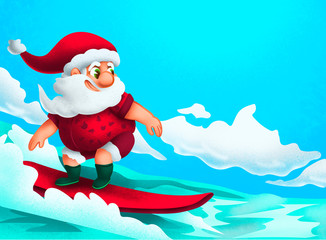 santa claus surfeando en el mar 
