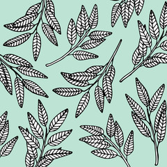 Pattern with hand drawn tropical leaves