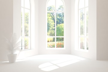 Stylish empty room in white color with summer landscape in window. Scandinavian interior design. 3D illustration