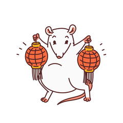 Rat Chinese new year symbols. Cute mouse with red Chinese lanterns vector outline cartoon isolated illustration.