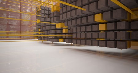 Abstract architectural concrete and rusted metal interior of cubes with white background . 3D illustration and rendering.
