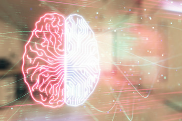 Human brain drawing with office interior on background. Double exposure. Concept of innovation.