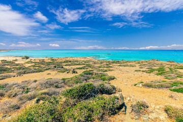 Fototapeta na wymiar abandoned beach from savannah with bushes, rocks on coast, beautiful turquoise sea , deep blue sky with clouds and mountains on background, Mediterranean landscape