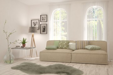 Stylish room in white color with sofa. Scandinavian interior design. 3D illustration