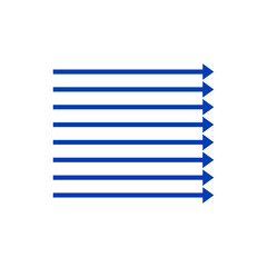 Many equal parallel blue arrows. Perspective view. Equality, independency, competition and teamwork concept. Flat design. Stock Vector illustration isolated on white background.