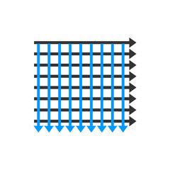 Many equal parallel blue arrows in square. Perspective view. Equality, independency, competition and teamwork concept. Flat design. Stock Vector illustration isolated on white background.