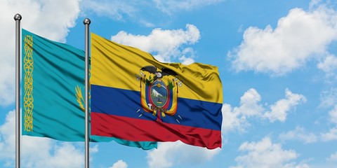Kazakhstan and Ecuador flag waving in the wind against white cloudy blue sky together. Diplomacy concept, international relations.
