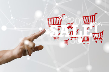 hand touches virtual percent icon